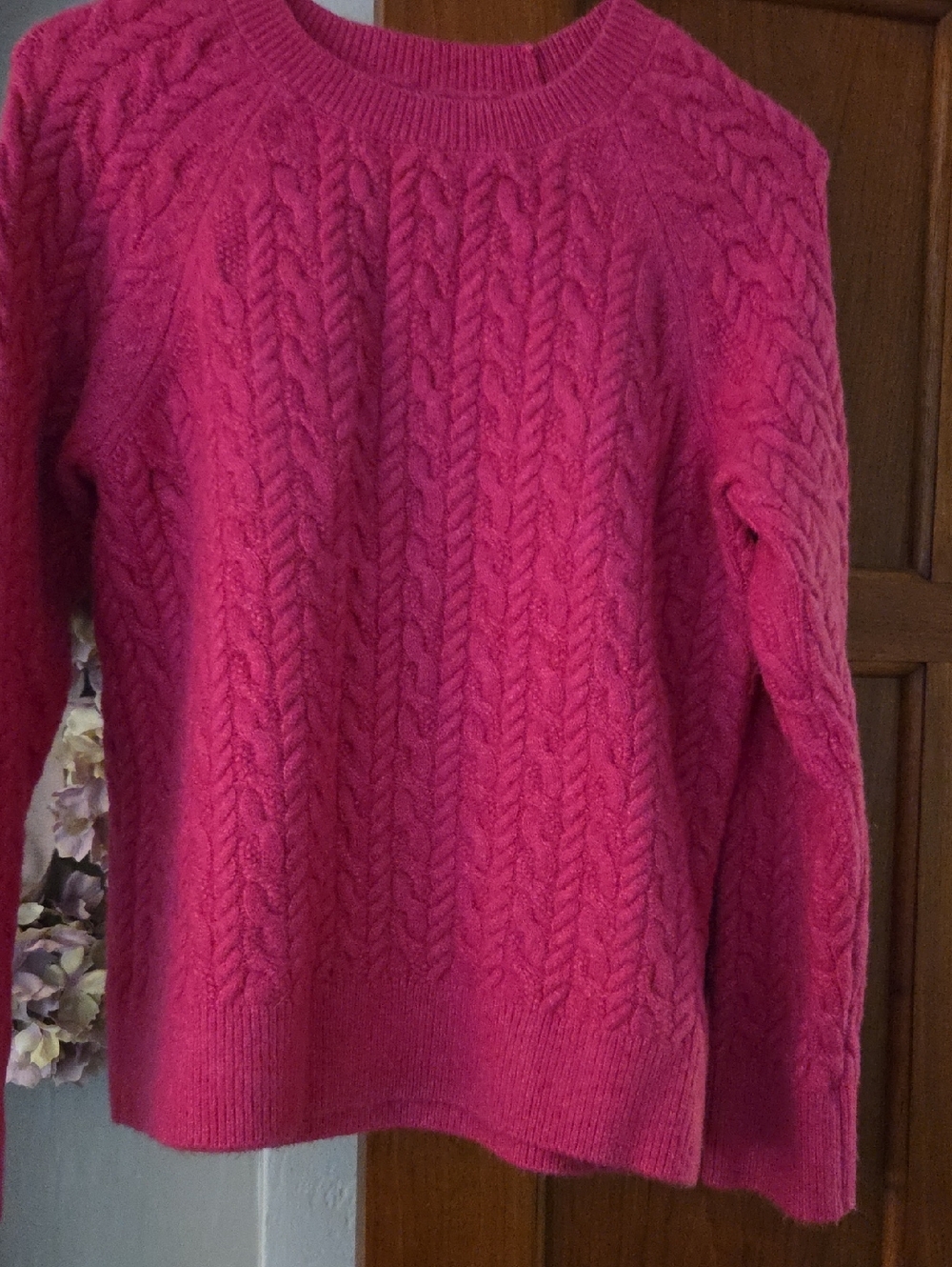 Crewneck Cable Knit Sweater in Vibrant Pink